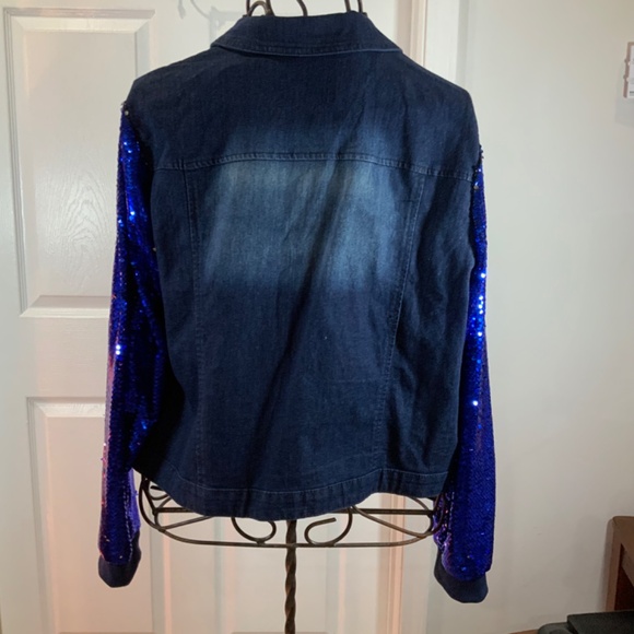 Touch Me Blue Sequin Denim Glitter Sleeve Jacket Plus Size 1X - Picture 5 of 8